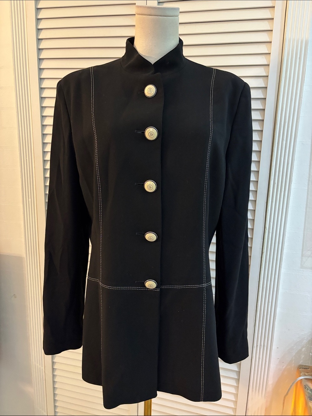 St. John Griffith Gray  Black Longline Blazer with Contrast Stitching, US12